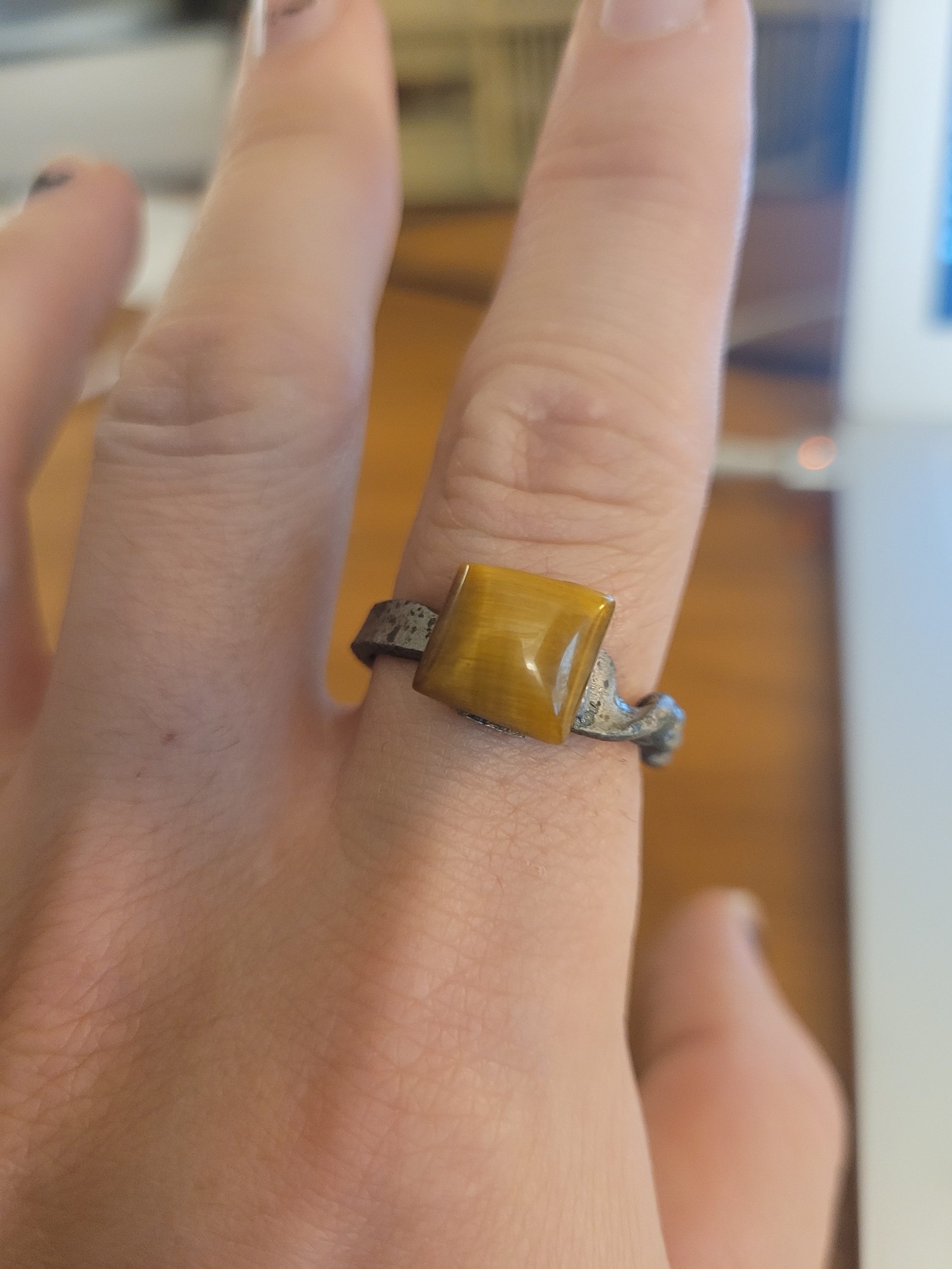 An alchemy inspired ring that was hand forged from an old nail. It is set with a square tiger's eye gemstone