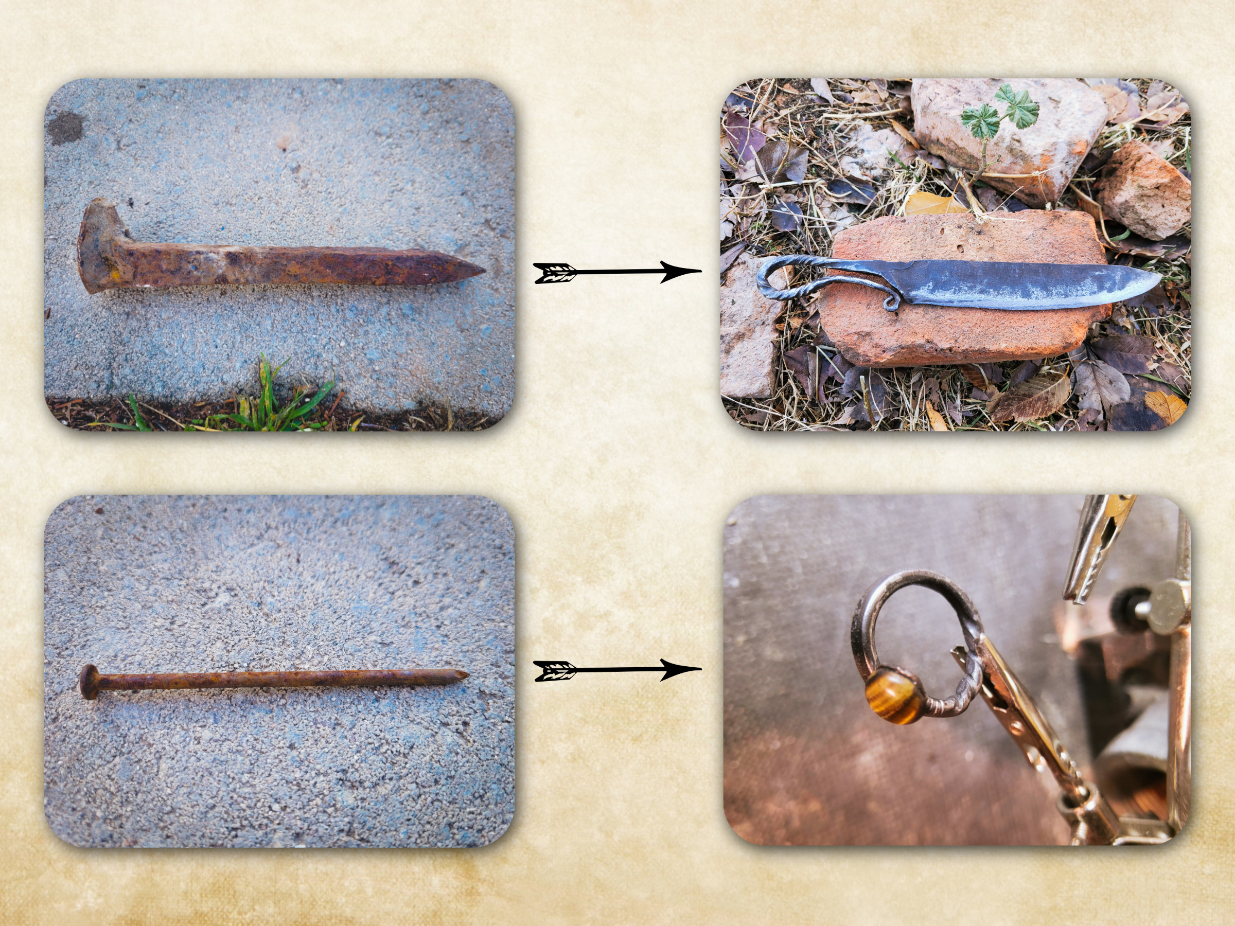 An image of discarded metal being transmuted into hand-forged knives and handmade jewelry